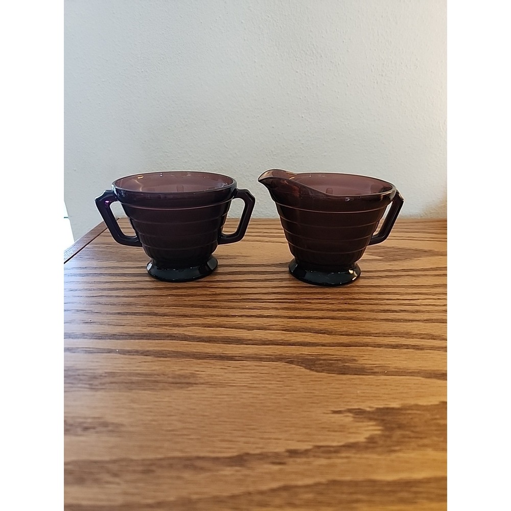 Hazel Atlas Moderntone Purple Amethyst Glass Cream and Sugar Set MCM